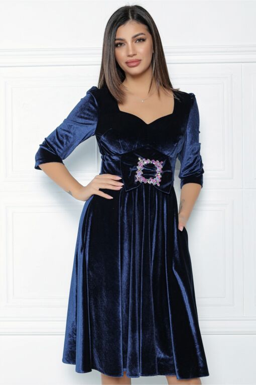 Black Friday Rochie MBG bleumarin din catifea cu funda si catarama in talie