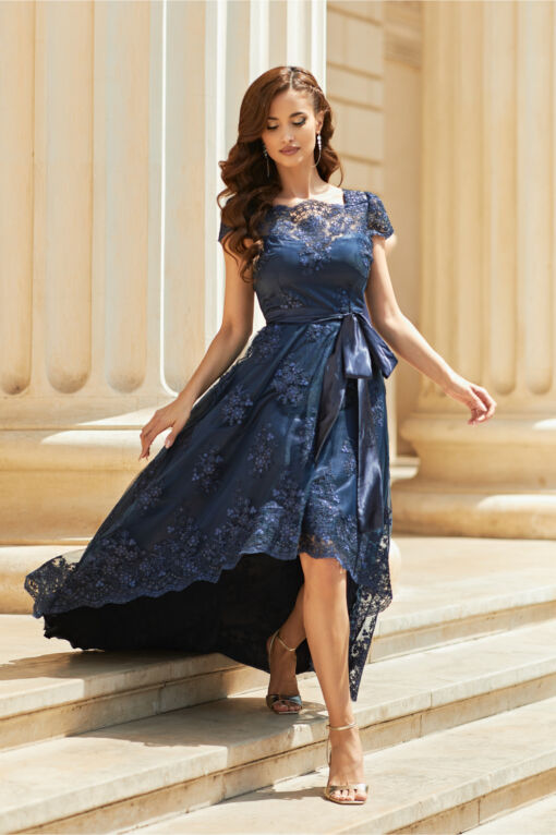 Black Friday 2022 Rochie MBG bleumarin din dantela cu lungime asimetrica