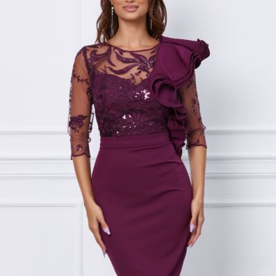 Black Friday 2022 Rochie MBG bordo cu dantela si volan maxi la bust