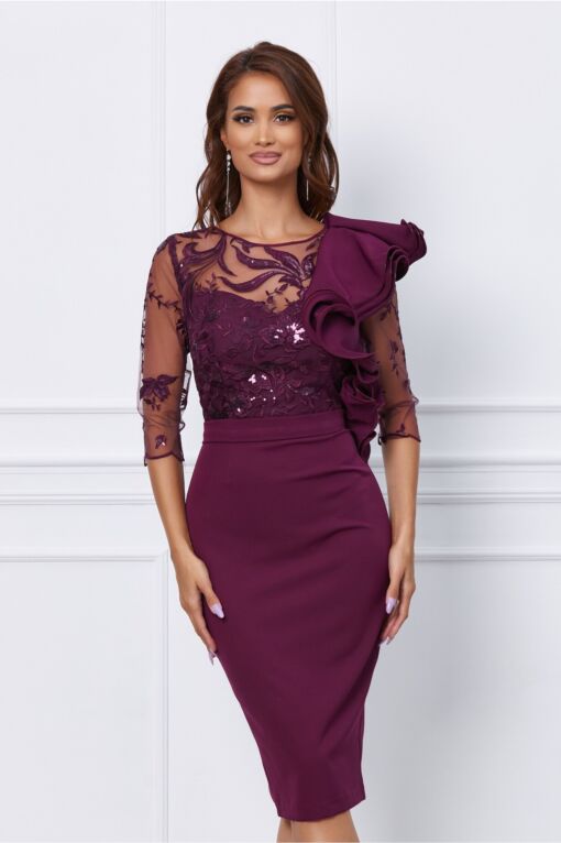 Black Friday 2022 Rochie MBG bordo cu dantela si volan maxi la bust
