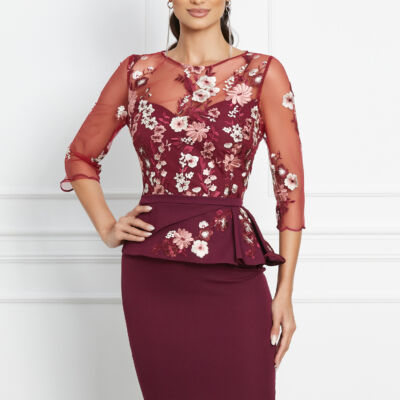 Black Friday 2022 Rochie MBG bordo cu peplum si dantela brodata floral la bust