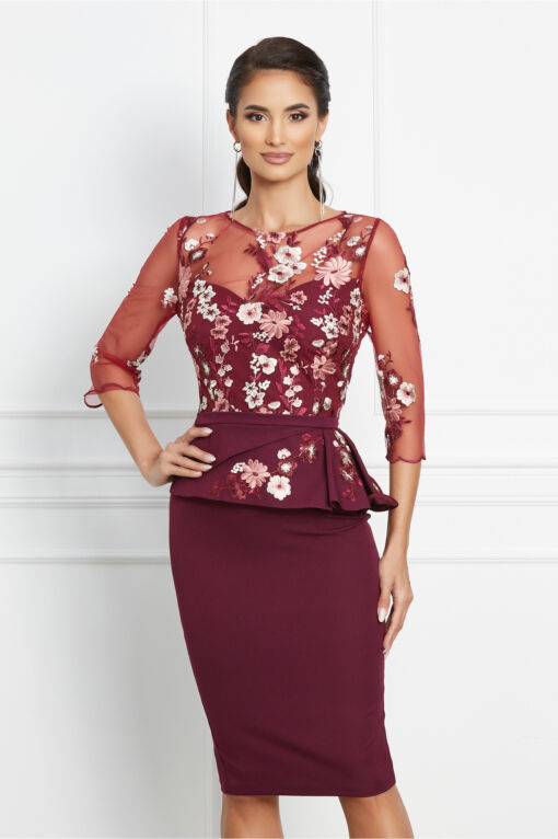 Black Friday 2022 Rochie MBG bordo cu peplum si dantela brodata floral la bust