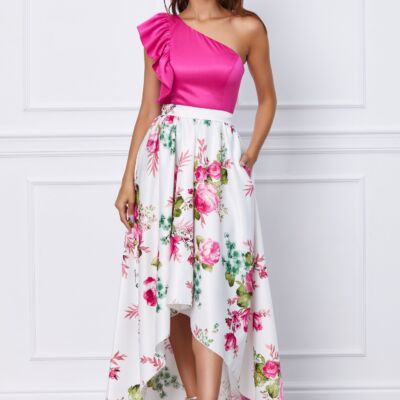 Black Friday 2022 Rochie MBG cu bust fuchsia si fusta alba inflorata