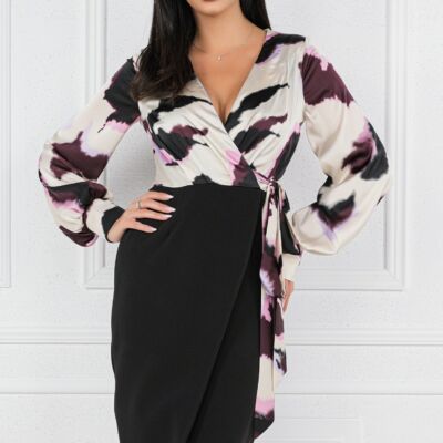 Black Friday Rochie MBG cu imprimeuri lila pe bust si funda in talie