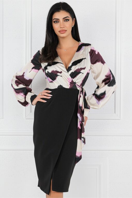 Black Friday Rochie MBG cu imprimeuri lila pe bust si funda in talie