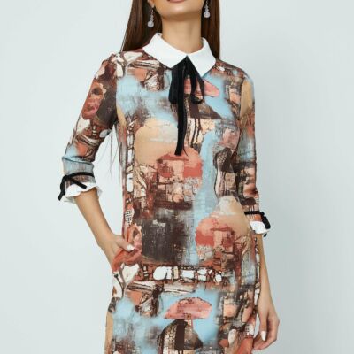 Black Friday 2022 Rochie MBG cu imprimeuri maro si guler alb