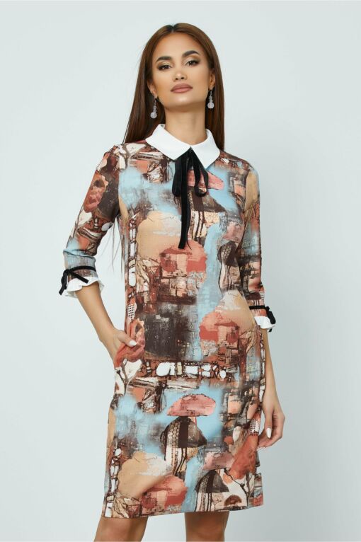 Black Friday 2022 Rochie MBG cu imprimeuri maro si guler alb