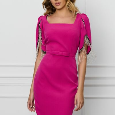 Black Friday 2022 Rochie MBG fucsia cu franjuri din strasuri la maneci