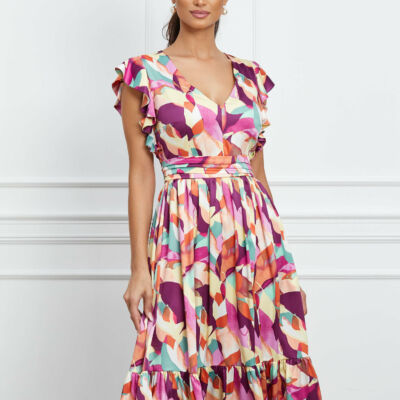 Black Friday 2022 Rochie MBG fucsia cu imprimeuri mov si volan la baza