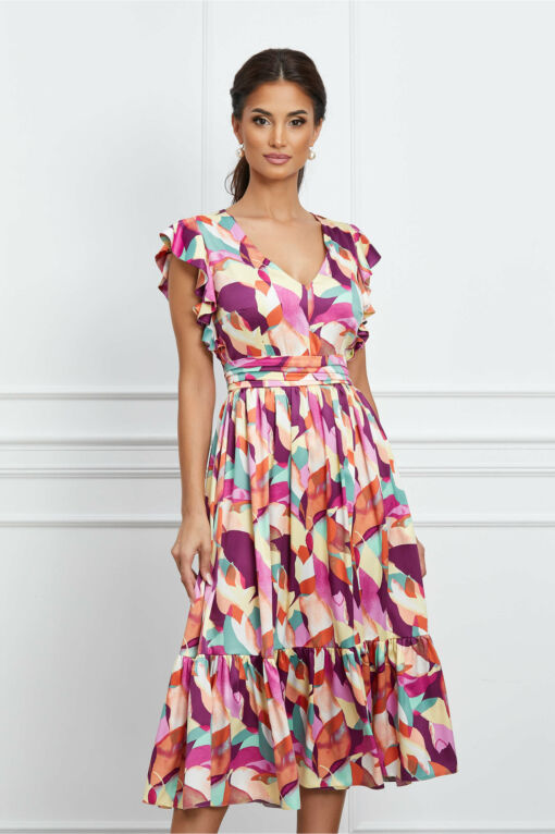 Black Friday 2022 Rochie MBG fucsia cu imprimeuri mov si volan la baza