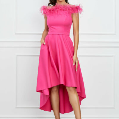 Black Friday 2022 Rochie MBG fucsia cu pene la bust si lungime asimetrica