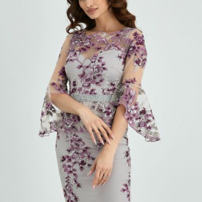 Black Friday 2022 Rochie MBG gri cu broderie florala mov