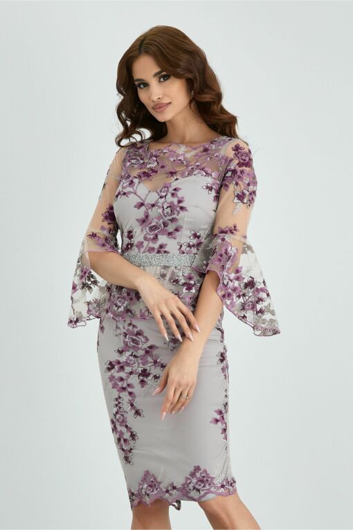 Black Friday 2022 Rochie MBG gri cu broderie florala mov