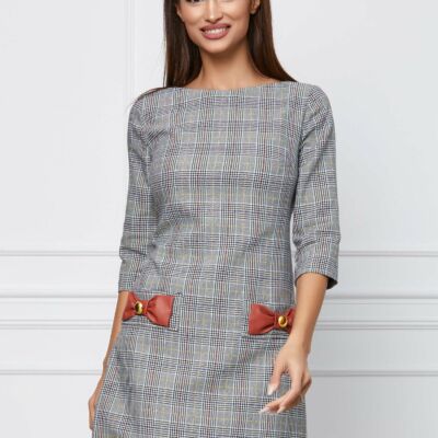 Black Friday 2022 Rochie MBG gri cu carouri si fundite