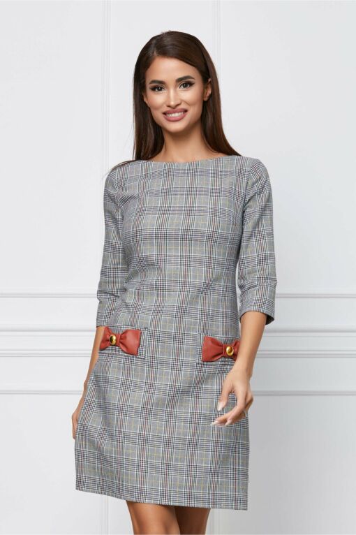 Black Friday 2022 Rochie MBG gri cu carouri si fundite
