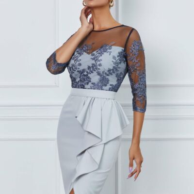 Black Friday 2022 Rochie MBG gri cu dantela la bust si volan pe fusta