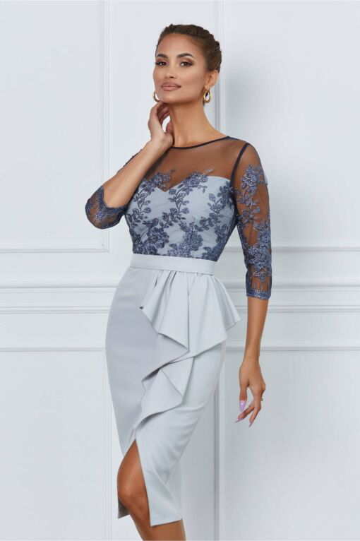 Black Friday 2022 Rochie MBG gri cu dantela la bust si volan pe fusta