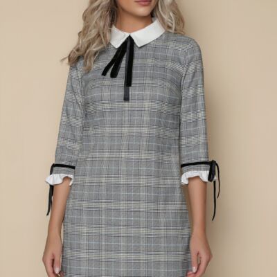 Black Friday 2022 Rochie MBG gri in carouri cu guler si mansete