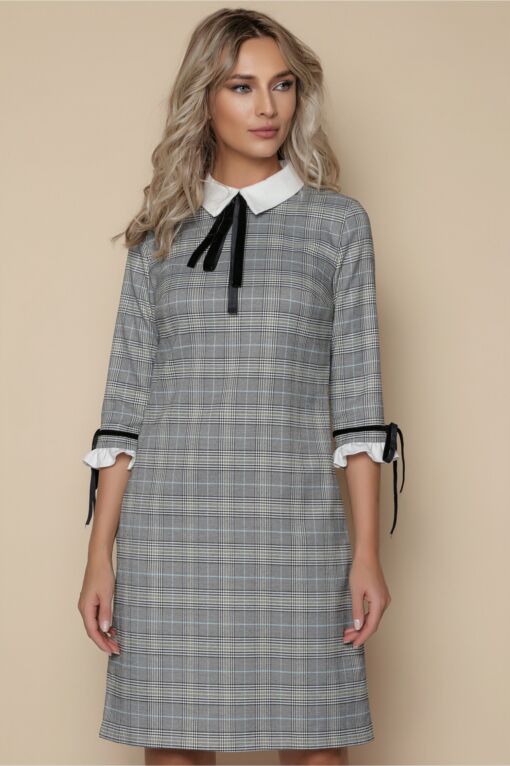 Black Friday 2022 Rochie MBG gri in carouri cu guler si mansete