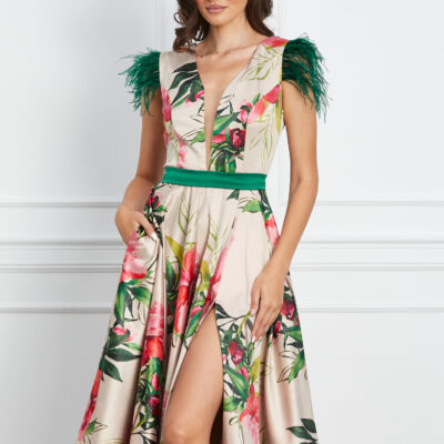 Black Friday 2022 Rochie MBG ivory cu imprimeu verde si pene la umeri