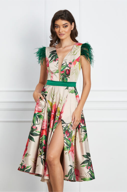 Black Friday 2022 Rochie MBG ivory cu imprimeu verde si pene la umeri
