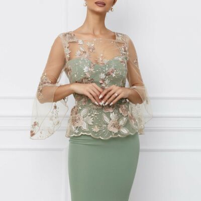 Black Friday 2022 Rochie MBG kaki cu maneci clopot si peplum in talie