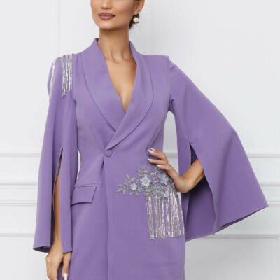 Black Friday 2022 Rochie MBG lila tip sacou cu franjuri in talie si pe umar