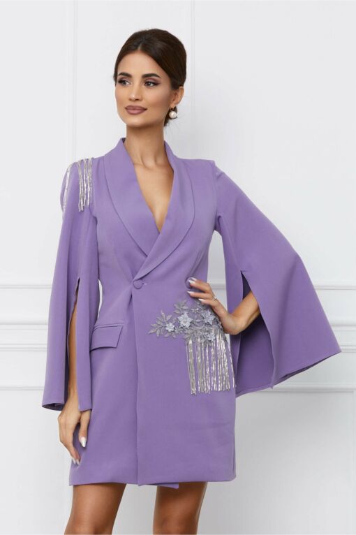Black Friday 2022 Rochie MBG lila tip sacou cu franjuri in talie si pe umar