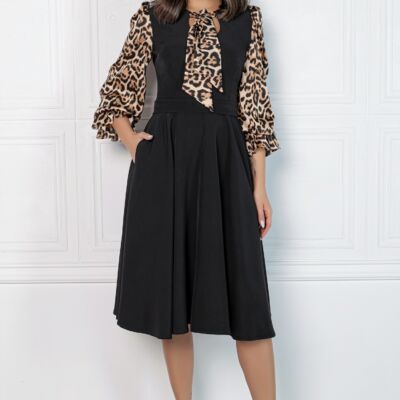Black Friday 2022 Rochie MBG neagra cu animal print pe maneci si la decolteu