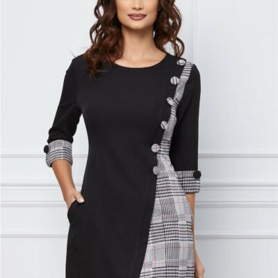 Black Friday 2022 Rochie MBG neagra cu carouri gri si nasturi