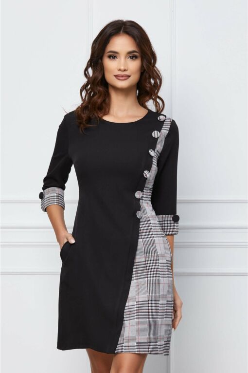 Black Friday 2022 Rochie MBG neagra cu carouri gri si nasturi