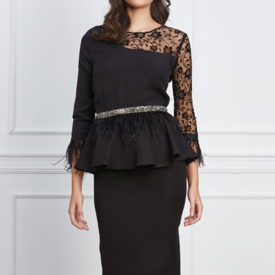 Black Friday 2022 Rochie MBG neagra cu dantela si pene