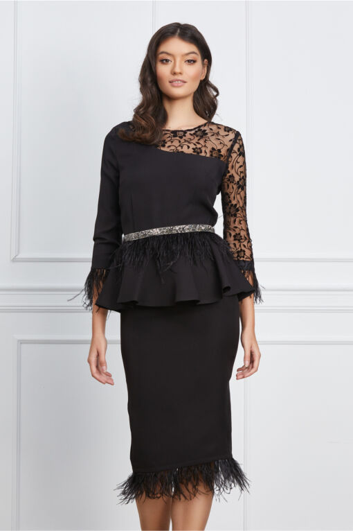 Black Friday 2022 Rochie MBG neagra cu dantela si pene