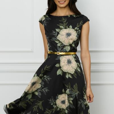 Black Friday Rochie MBG neagra cu flori verzi si curea in talie