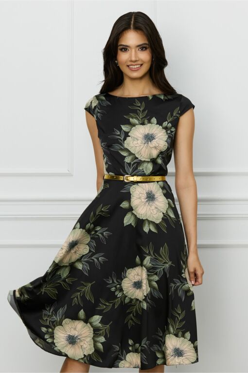 Black Friday Rochie MBG neagra cu flori verzi si curea in talie