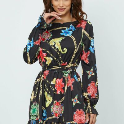 Black Friday 2022 Rochie MBG neagra cu imprimeu chain si flori colorate