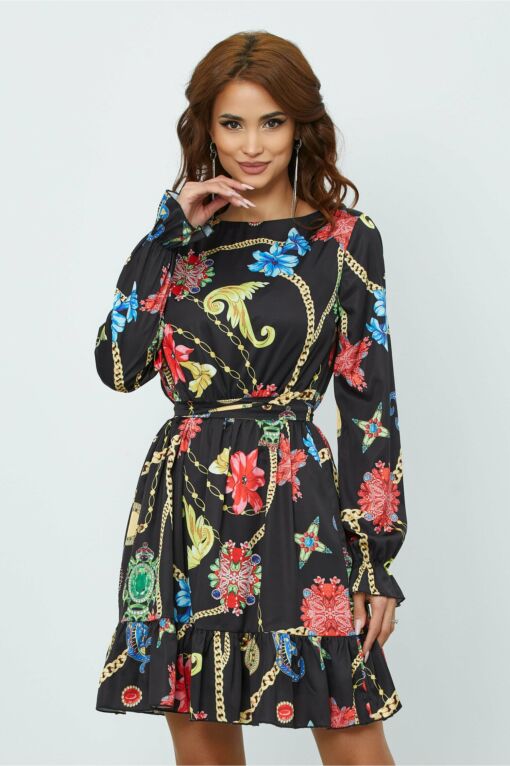 Black Friday 2022 Rochie MBG neagra cu imprimeu chain si flori colorate