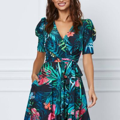 Black Friday 2022 Rochie MBG neagra cu imprimeu exotic si cordon in talie