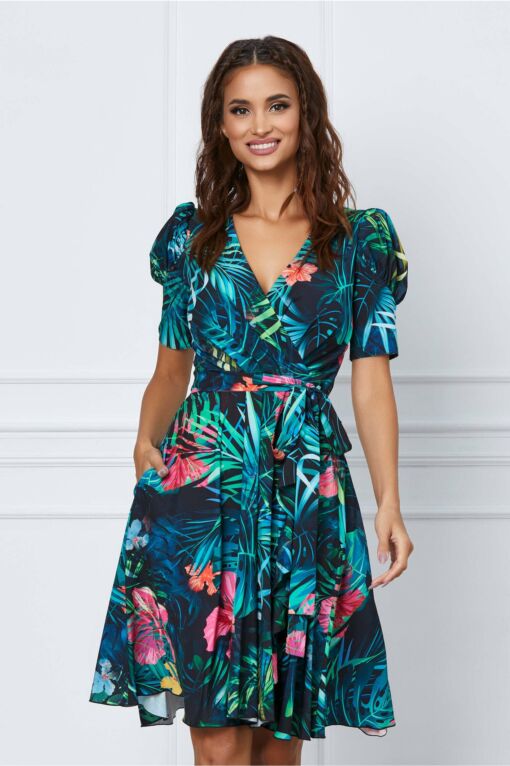 Black Friday 2022 Rochie MBG neagra cu imprimeu exotic si cordon in talie