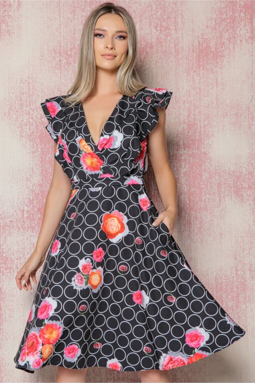 Black Friday 2022 Rochie MBG neagra cu imprimeu floral si cercuri albe