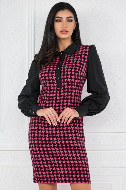 Black Friday 2022 Rochie MBG neagra cu imprimeu pepit fucsia si nasturi la bust