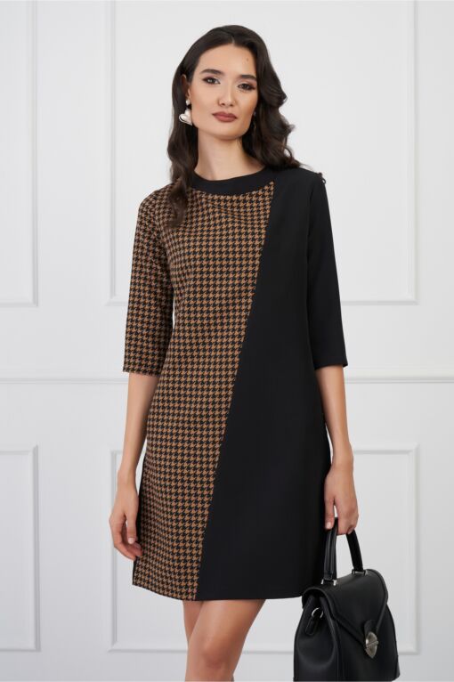 Black Friday 2022 Rochie MBG neagra cu imprimeu pepit maro pe o parte