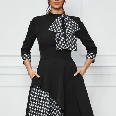 Black Friday 2022 Rochie MBG neagra cu imprimeu pepit si funda