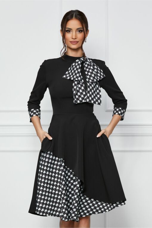 Black Friday 2022 Rochie MBG neagra cu imprimeu pepit si funda