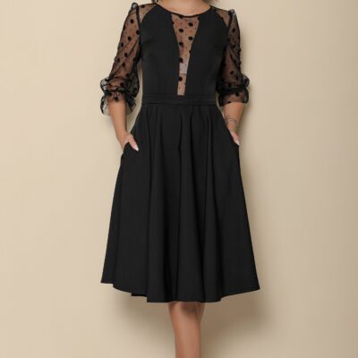 Black Friday 2022 Rochie MBG neagra cu maneci din tull cu buline catifelate