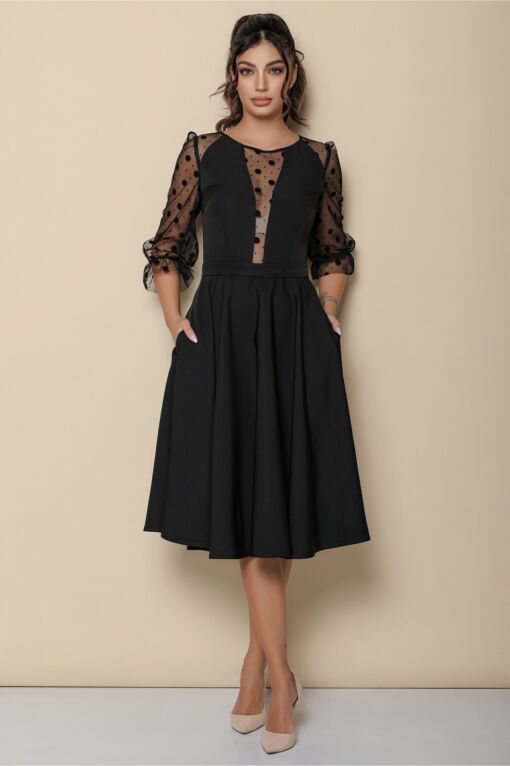 Black Friday 2022 Rochie MBG neagra cu maneci din tull cu buline catifelate