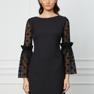 Black Friday 2022 Rochie MBG neagra cu maneci evazate din tull cu buline catifelate