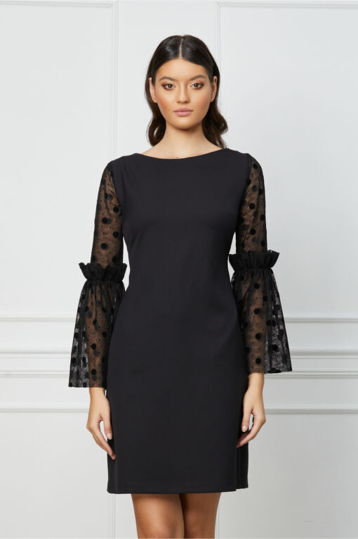 Black Friday 2022 Rochie MBG neagra cu maneci evazate din tull cu buline catifelate
