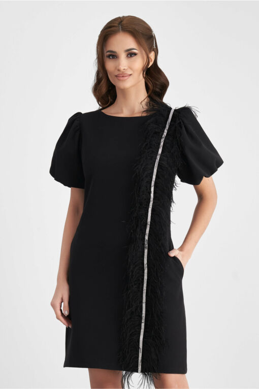 Black Friday 2022 Rochie MBG neagra cu pene si strasuri