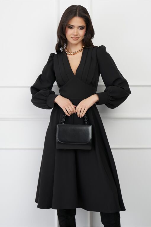 Black Friday Rochie MBG neagra cu pliuri pe bust si buzunare functionale